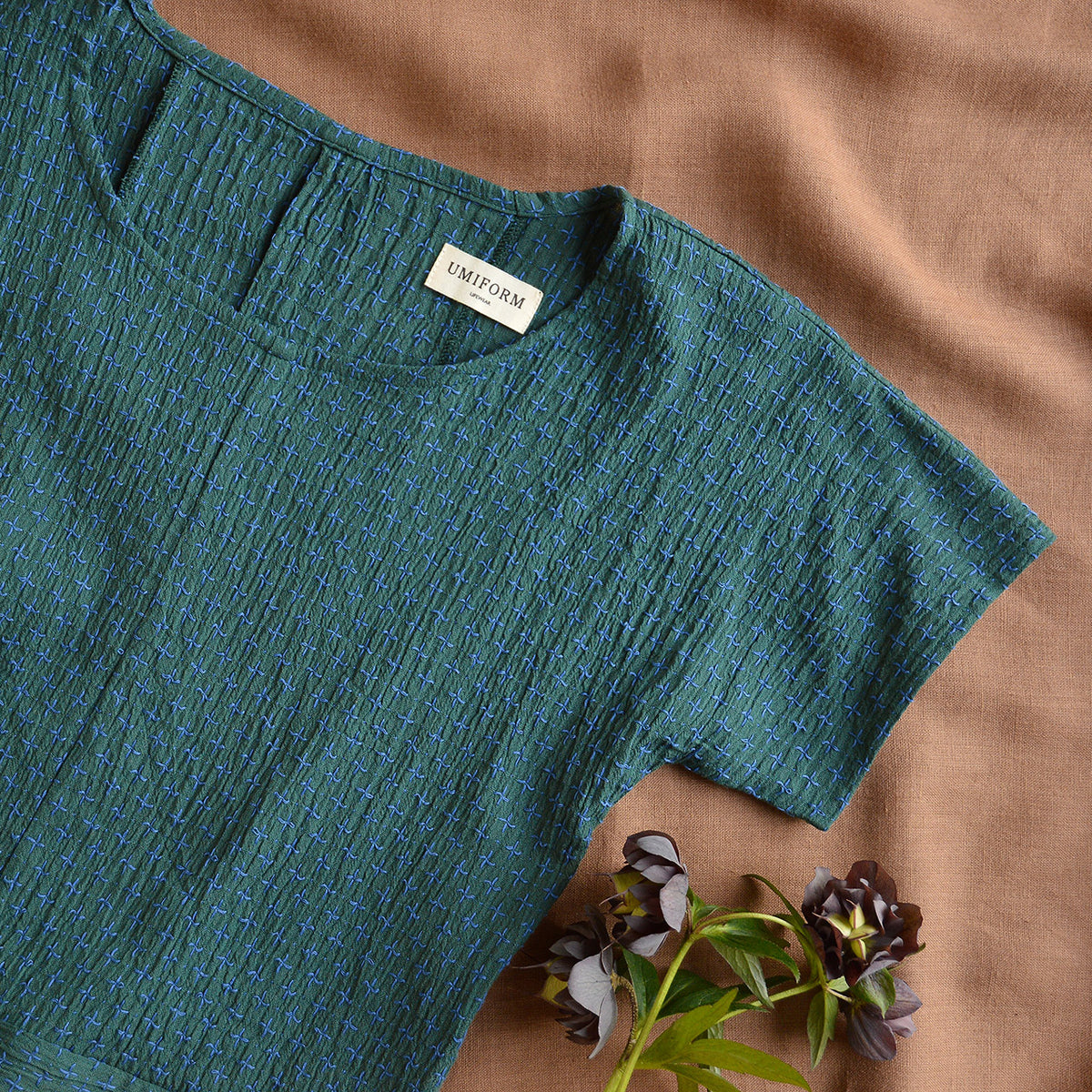 Cross Stitch Pieces Top - 100% Indian Cotton Muslin - Viridian Blue (Women S-L)