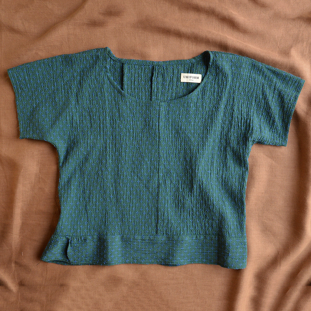 Cross Stitch Pieces Top - 100% Indian Cotton Muslin - Viridian Blue (Women S-L)