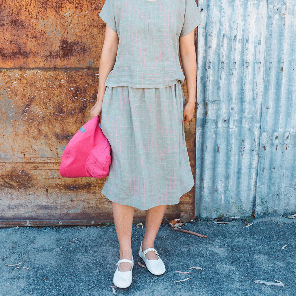 Pocket Skirt - 100% Linen - Sage Pink Check (M-L) *Last ones