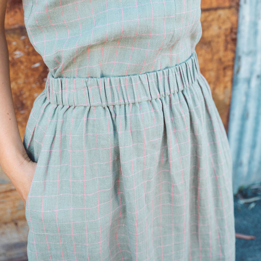 Pocket Skirt - 100% Linen - Sage Pink Check (Women S-L)