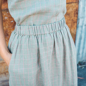 Pocket Skirt - 100% Linen - Sage Pink Check (Women S-L)