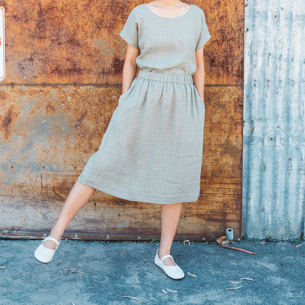 Pocket Skirt - 100% Linen - Sage Pink Check (Women S-L)