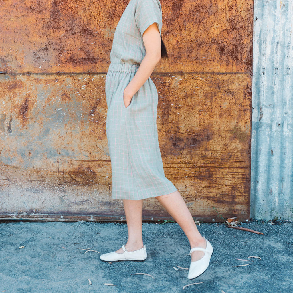 Pocket Skirt - 100% Linen - Sage Pink Check (M-L) *Last ones