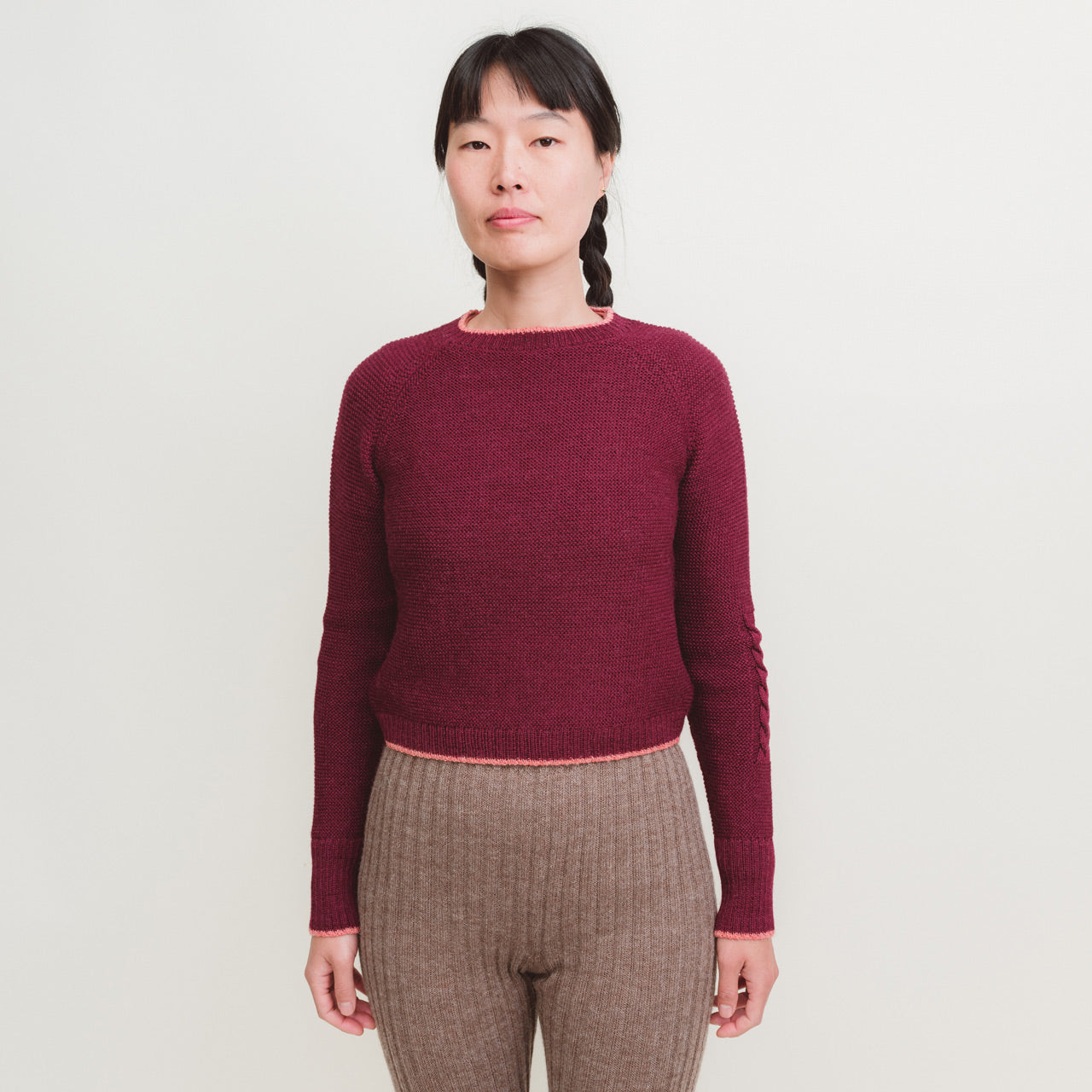 Women's Cable Crop Jumper - 100% Baby Alpaca - Aubergine (S-L) *Returning 2026