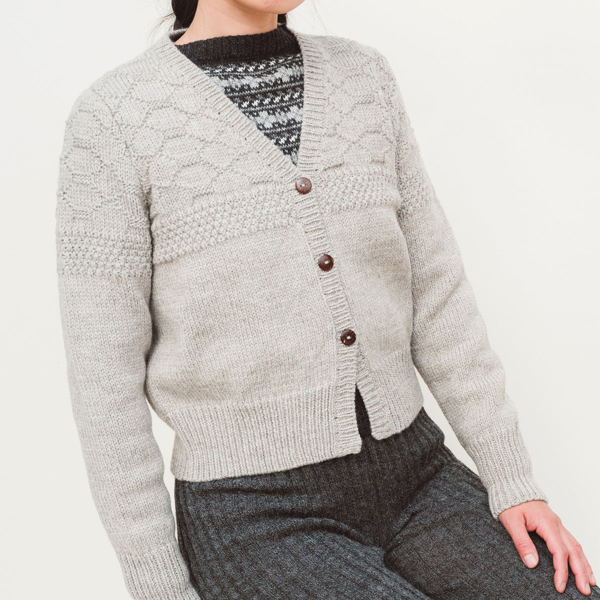 Women's Gansey Cardi - 100% Chunky Highland Wool - Light Natural Grey (S-L) *Returning 2026