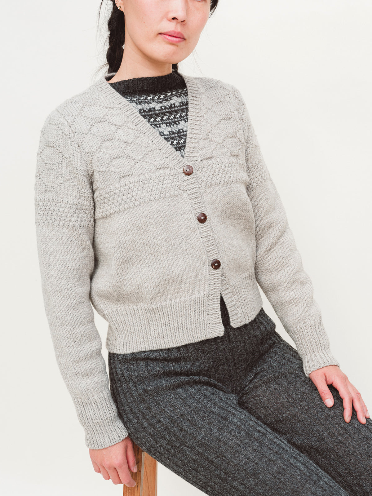 Women's Gansey Cardi - 100% Chunky Highland Wool - Light Natural Grey (S-L) *Returning 2026