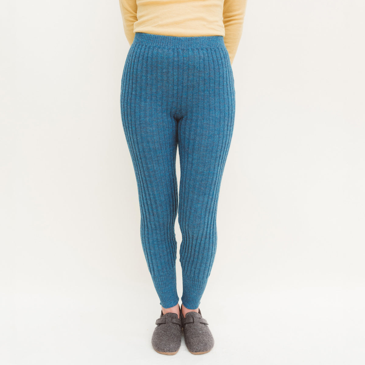 Women's High Waisted Knitted Rib Leggings - 100% Baby Alpaca - Light Peacock (S-XL)