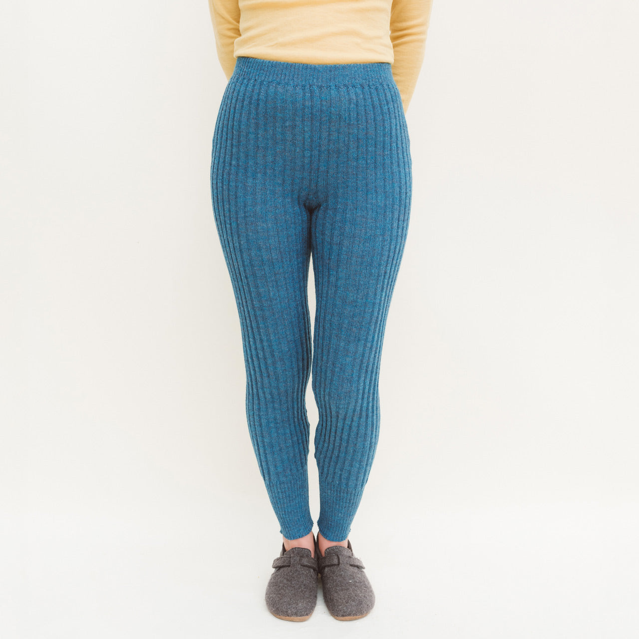 Women's High Waisted Knitted Rib Leggings - 100% Baby Alpaca - Light Peacock (S-XL)
