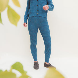 Women's High Waisted Knitted Rib Leggings - 100% Baby Alpaca - Light Peacock (S-XL)