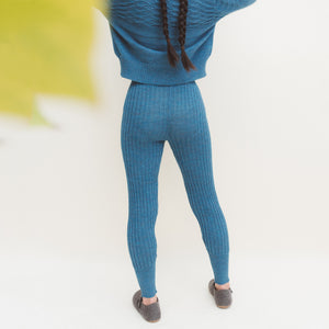 Women's High Waisted Knitted Rib Leggings - 100% Baby Alpaca - Light Peacock (S-XL)