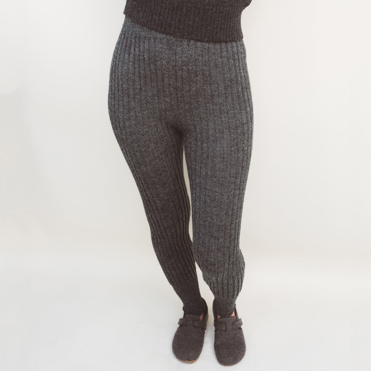 Women's High Waisted Knitted Rib Leggings - 100% Baby Alpaca - Salt & Pepper (M-XL)