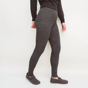 Women's High Waisted Knitted Rib Leggings - 100% Baby Alpaca - Salt & Pepper (M-XL)
