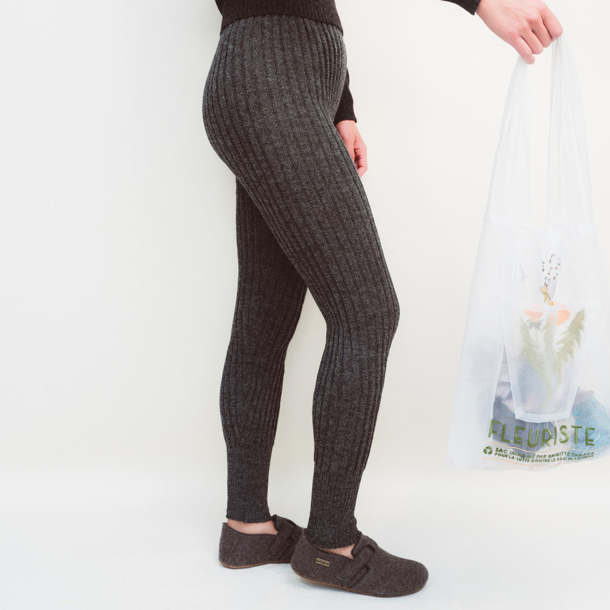 Women's High Waisted Knitted Rib Leggings - 100% Baby Alpaca - Salt & Pepper (M-XL)