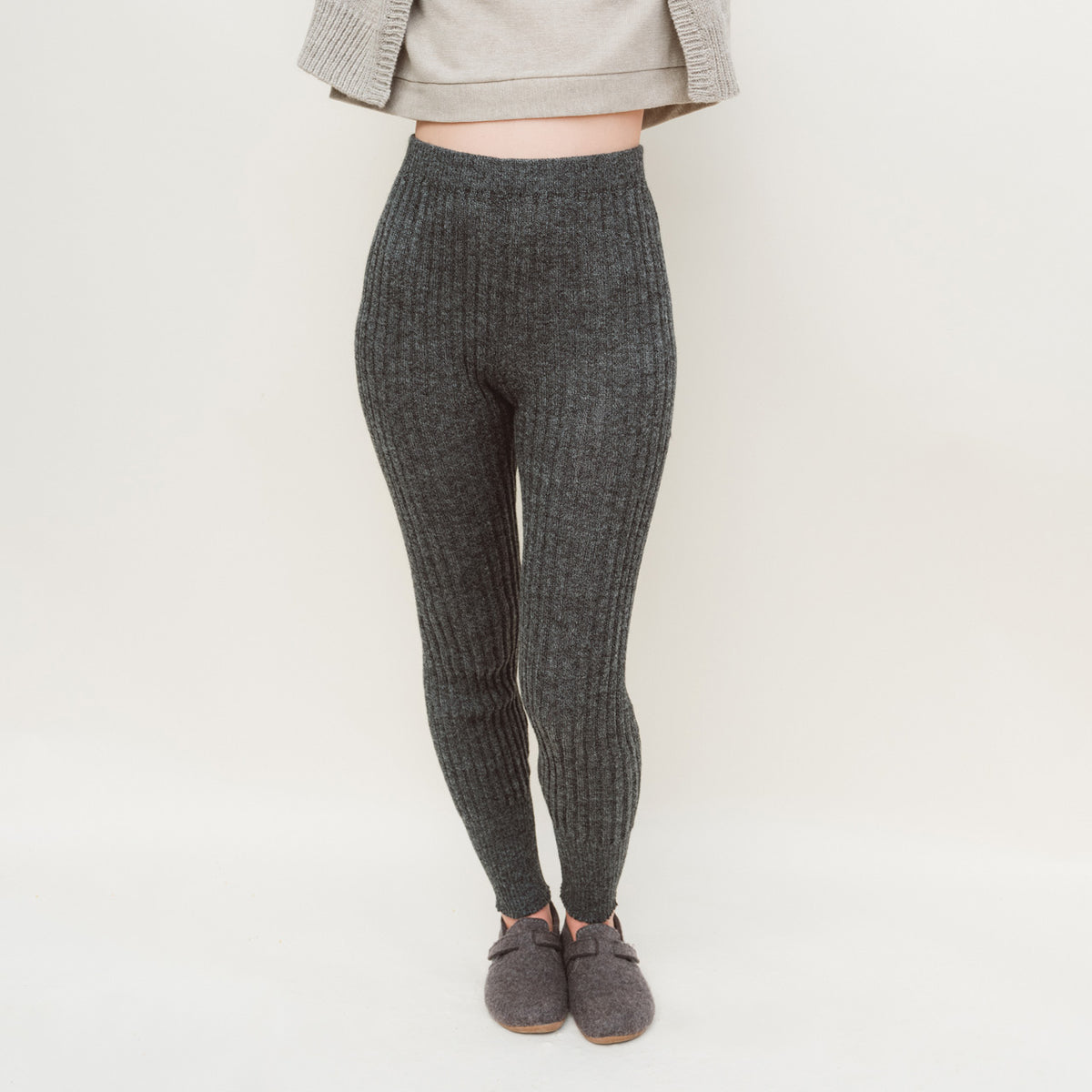 Women's High Waisted Knitted Rib Leggings - 100% Baby Alpaca - Salt & Pepper (M-XL)