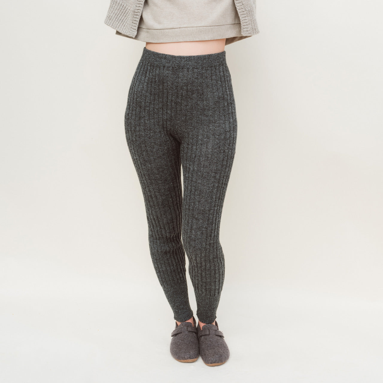 Women's High Waisted Knitted Rib Leggings - 100% Baby Alpaca - Salt & Pepper (M-XL)