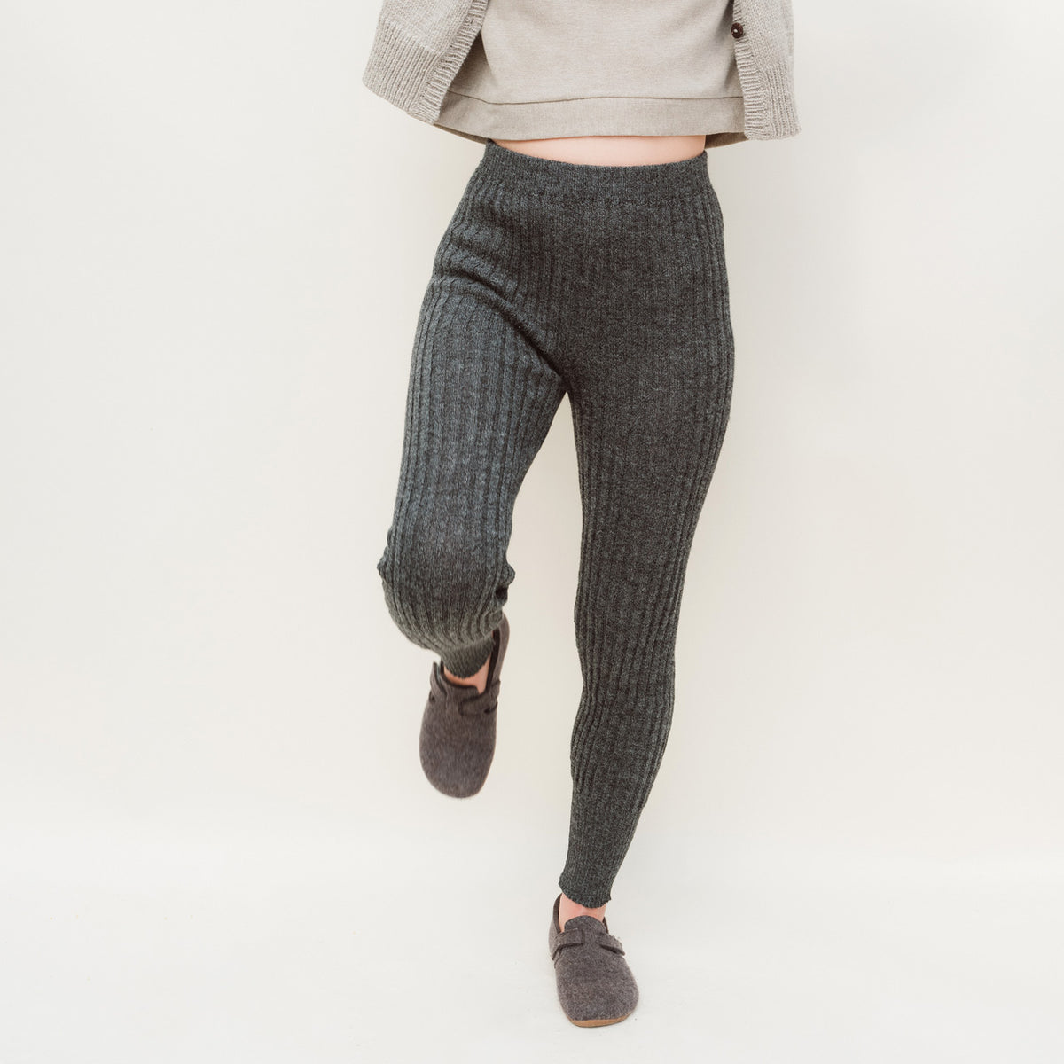 Women's High Waisted Knitted Rib Leggings - 100% Baby Alpaca - Salt & Pepper (M-XL)
