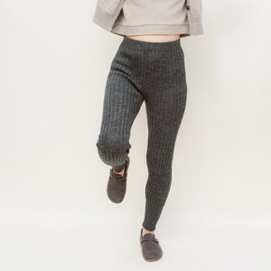 Women's High Waisted Knitted Rib Leggings - 100% Baby Alpaca - Salt & Pepper (S-XL)