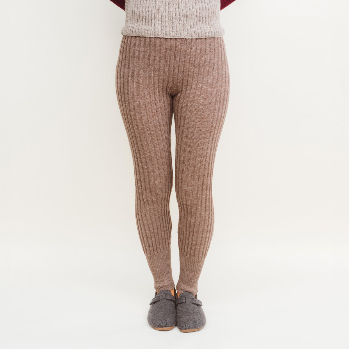 Women's High Waisted Knitted Rib Leggings - 100% Baby Alpaca - Rust Melange (S-XL)