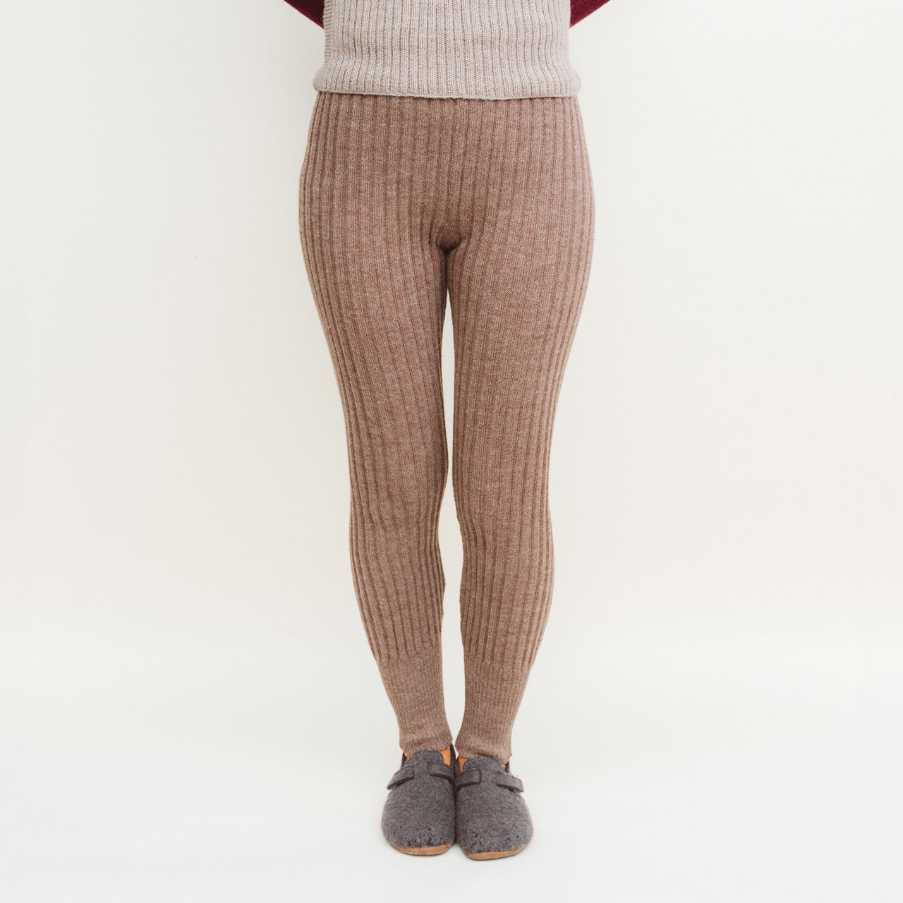 Women's High Waisted Knitted Rib Leggings - 100% Baby Alpaca - Mocha (M-XL)