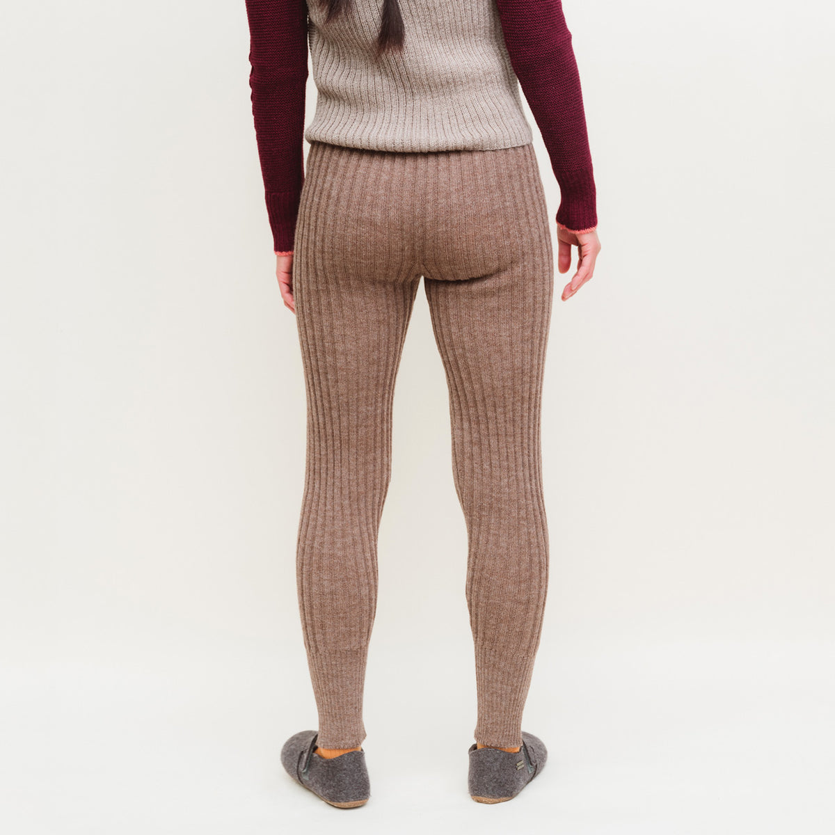 Women's High Waisted Knitted Rib Leggings - 100% Baby Alpaca - Rust Melange (S-XL)