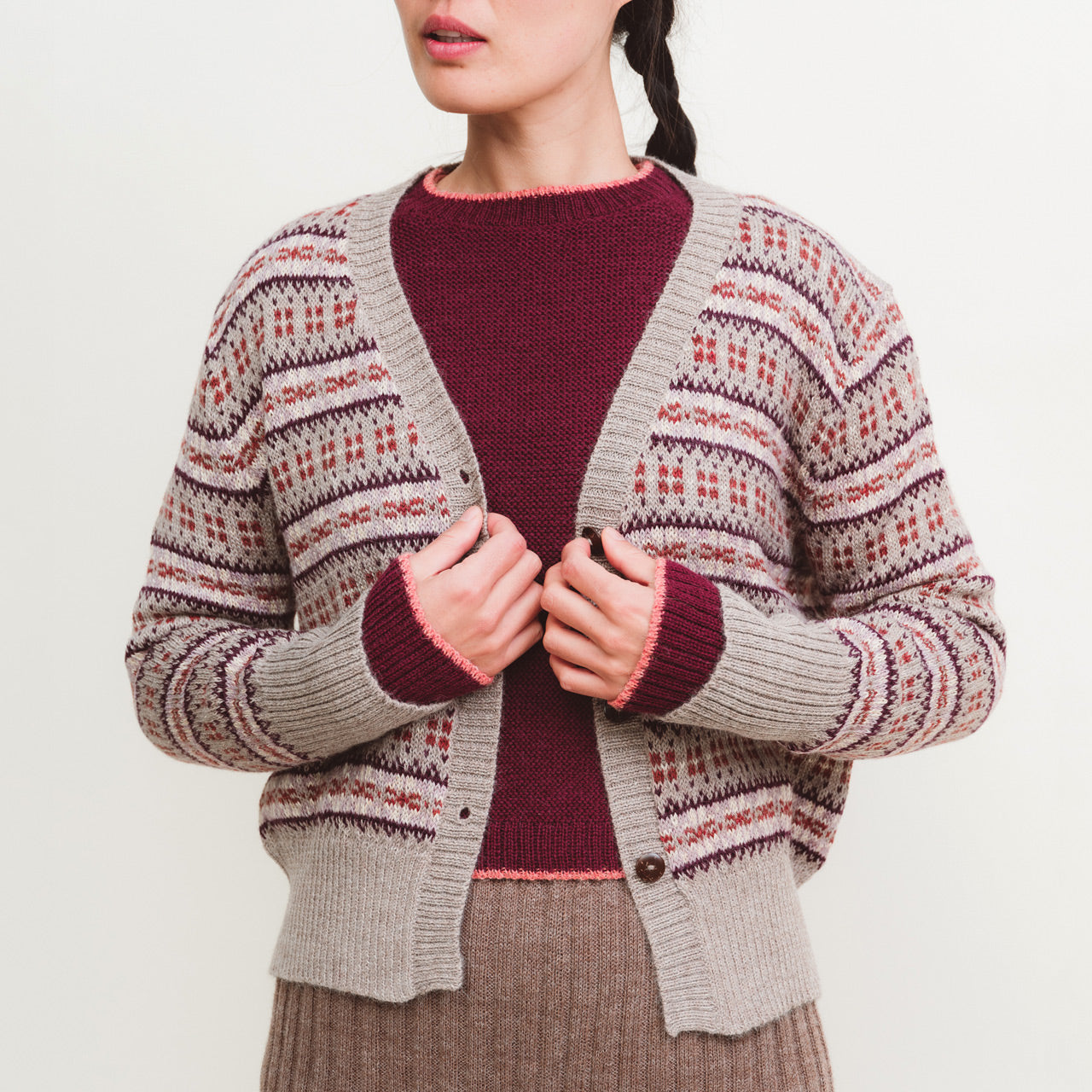Frida Fairisle Cardigan - 100% Baby Alpaca - Light Brown/Rust (S-M)