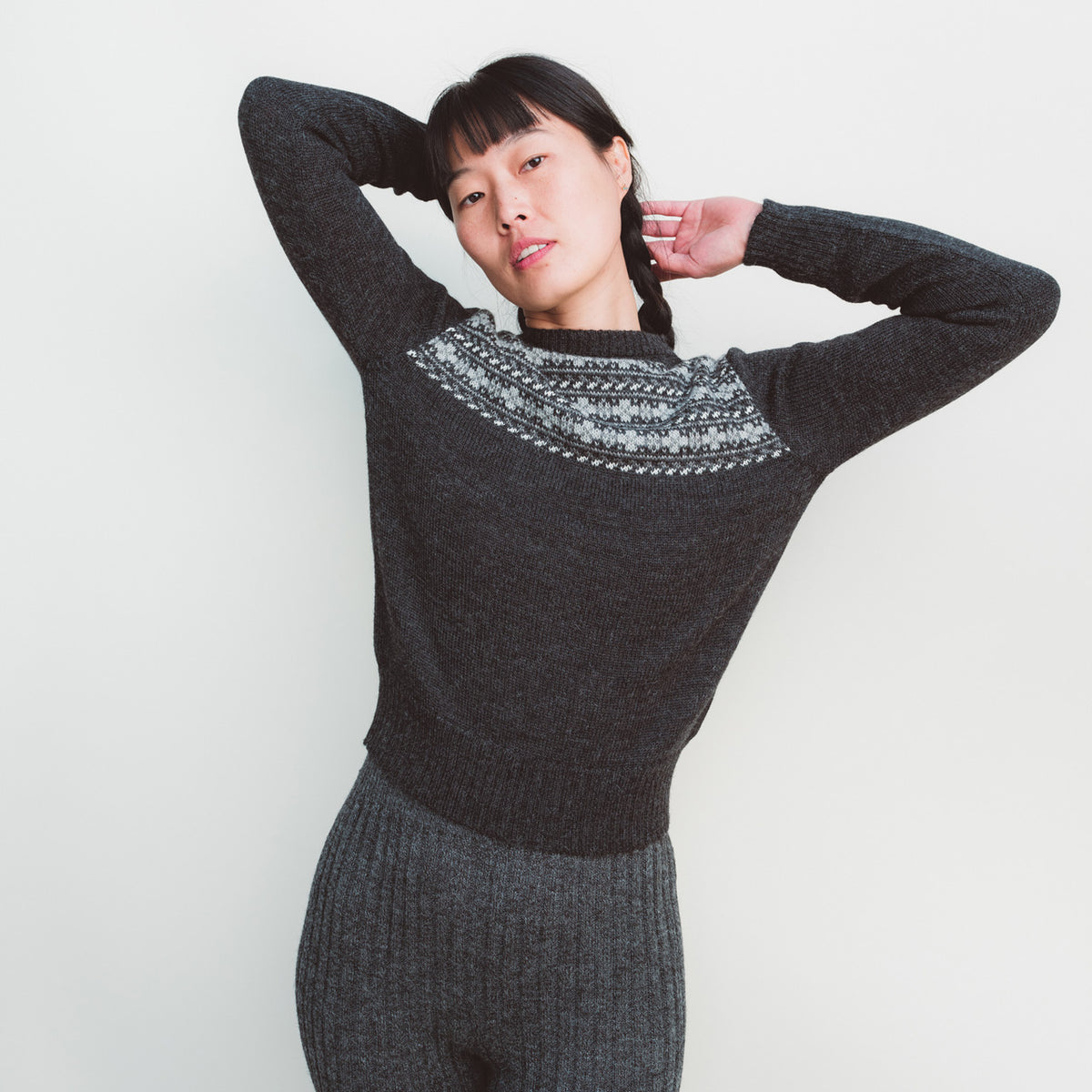 Women's Fairisle Vintage Yoke Sweater - 100% Baby Alpaca - Monochrome (M-L) *Last ones