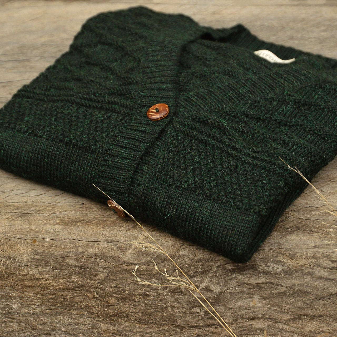 Women's Gansey Cardi - 100% Baby Alpaca - Forest Green Melange (S-L)