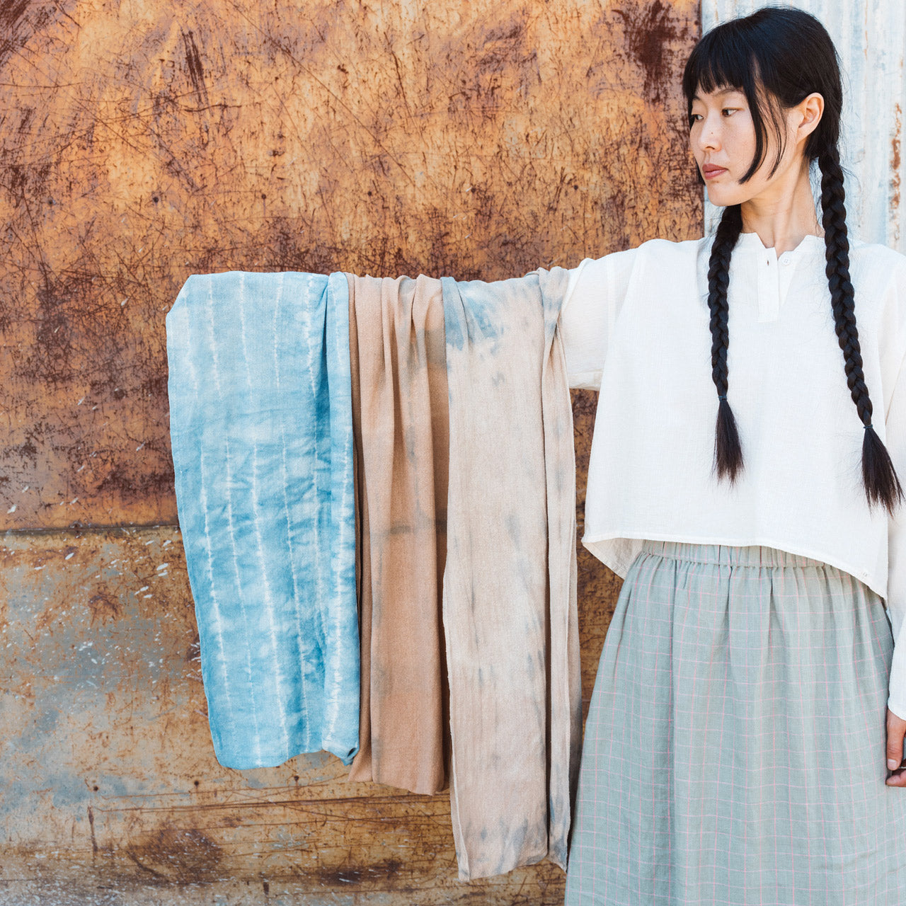 Organic Indigo & Cutch Hand Dyed Silk Noil Loop Scarves