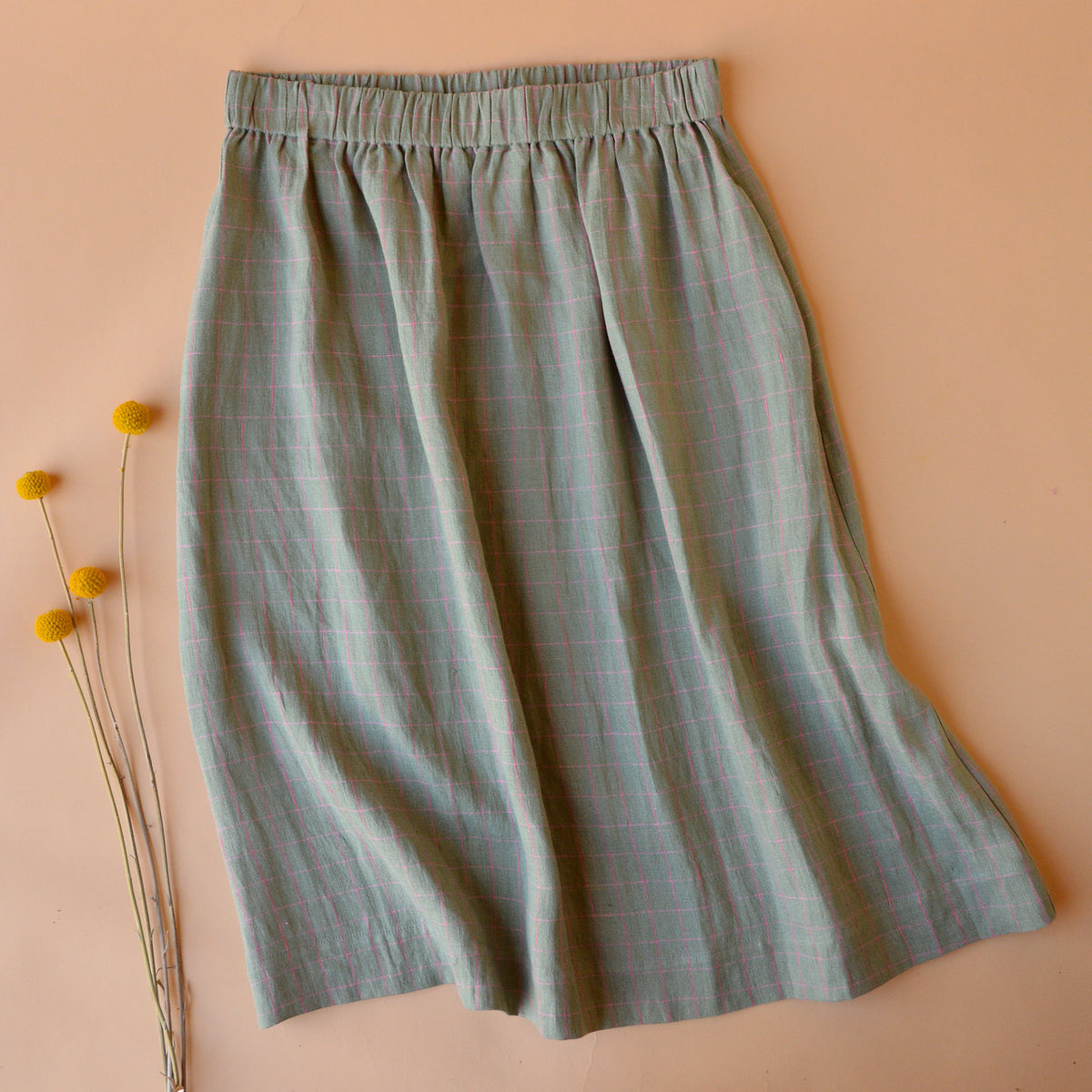 Pocket Skirt - 100% Linen - Sage Pink Check (M-L) *Last ones