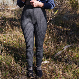 Women's High Waisted Knitted Rib Leggings - 100% Baby Alpaca - Salt & Pepper (M-XL)
