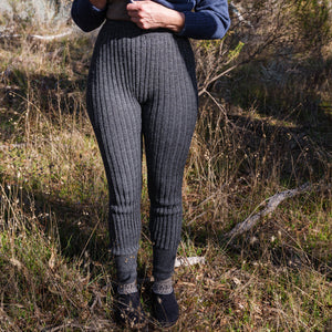 Women's Baby Alpaca High Waisted Knitted Rib Leggings - Salt & Pepper *Returning 2024