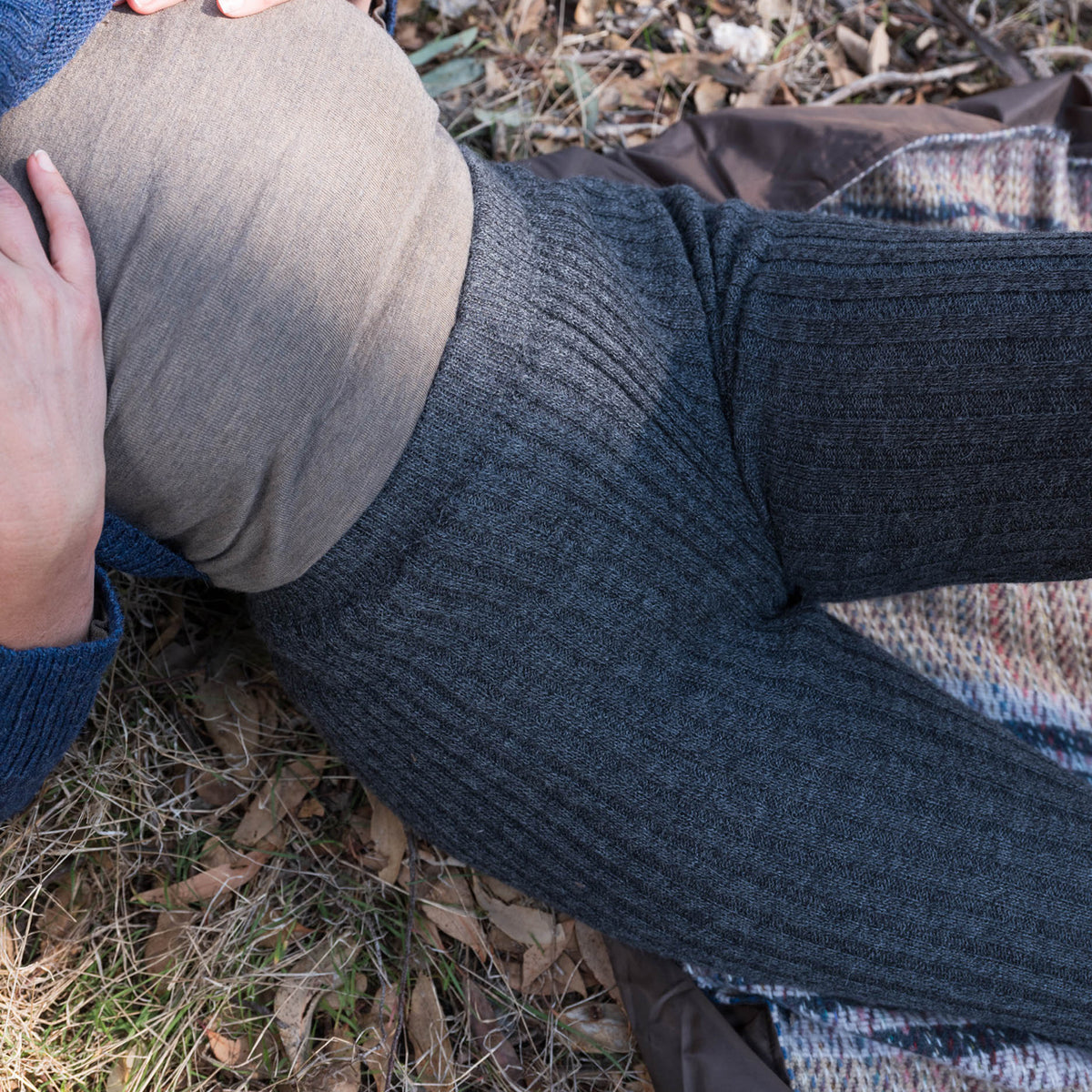 Women's High Waisted Knitted Rib Leggings - 100% Baby Alpaca - Salt & Pepper (M-XL)