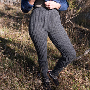 Women's High Waisted Knitted Rib Leggings - 100% Baby Alpaca - Salt & Pepper (M-XL)