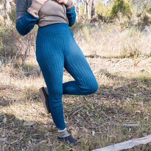 Women's High Waisted Knitted Rib Leggings - 100% Baby Alpaca - AW25 Forest Green Melange (S-XL) *Returning Soon