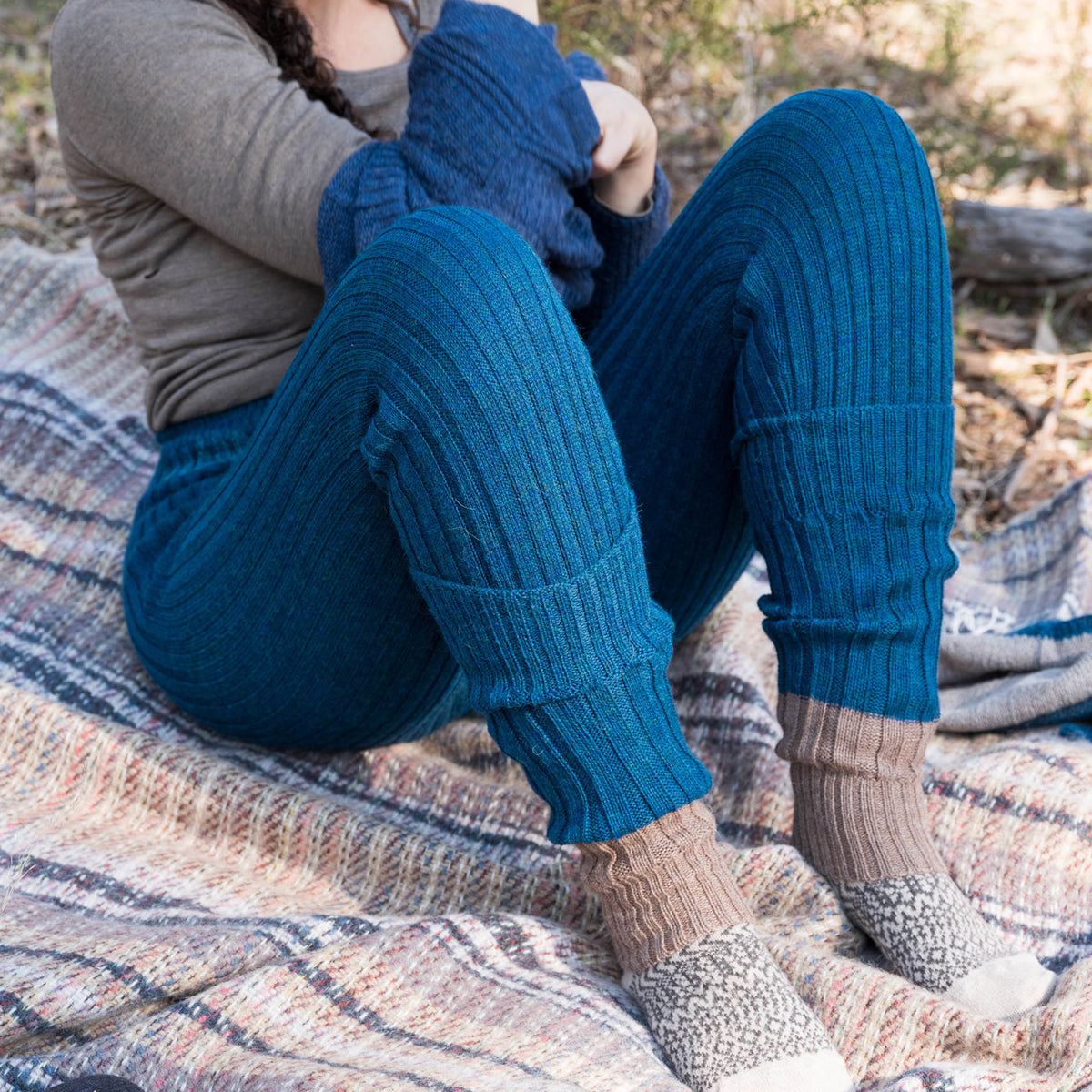 Women's High Waisted Knitted Rib Leggings - 100% Baby Alpaca - Forest Green Melange (S-XL)