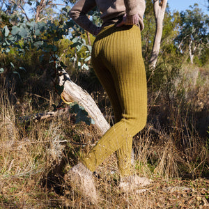 Women's High Waisted Knitted Rib Leggings - 100% Baby Alpaca - AW25 Forest Green Melange (S-XL) *Returning Soon