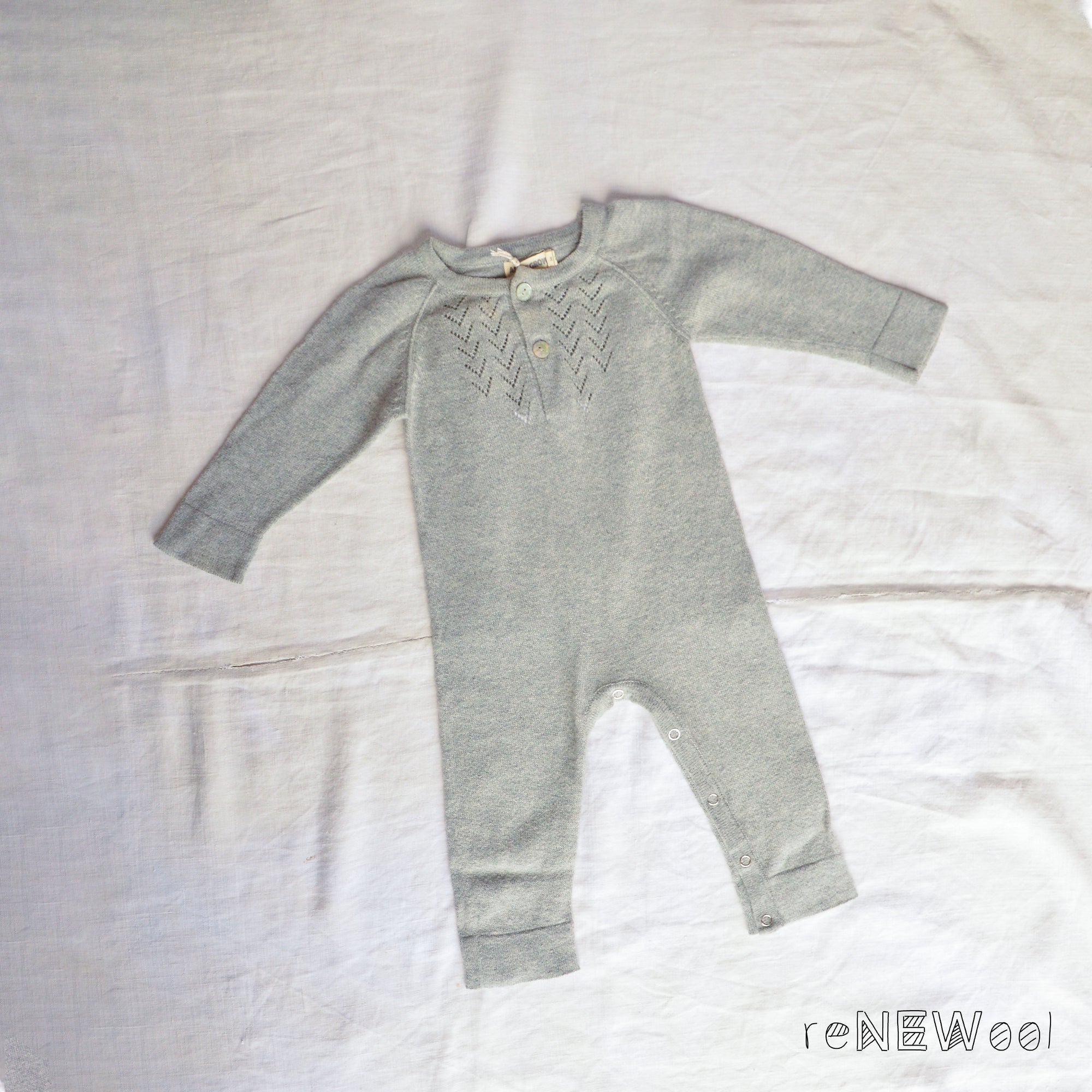 Lace Front Overall in Alpaca/Cotton - Grey (0-6m) *PRE-LOVED/MENDED