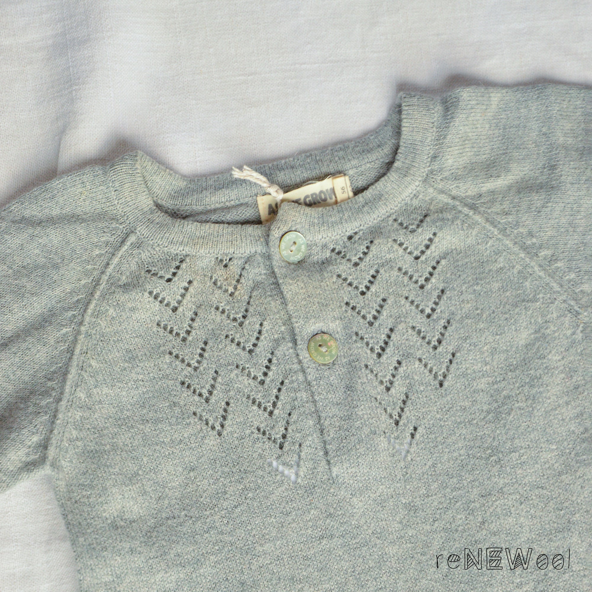 Lace Front Overall in Alpaca/Cotton - Grey (0-6m) *PRE-LOVED/MENDED