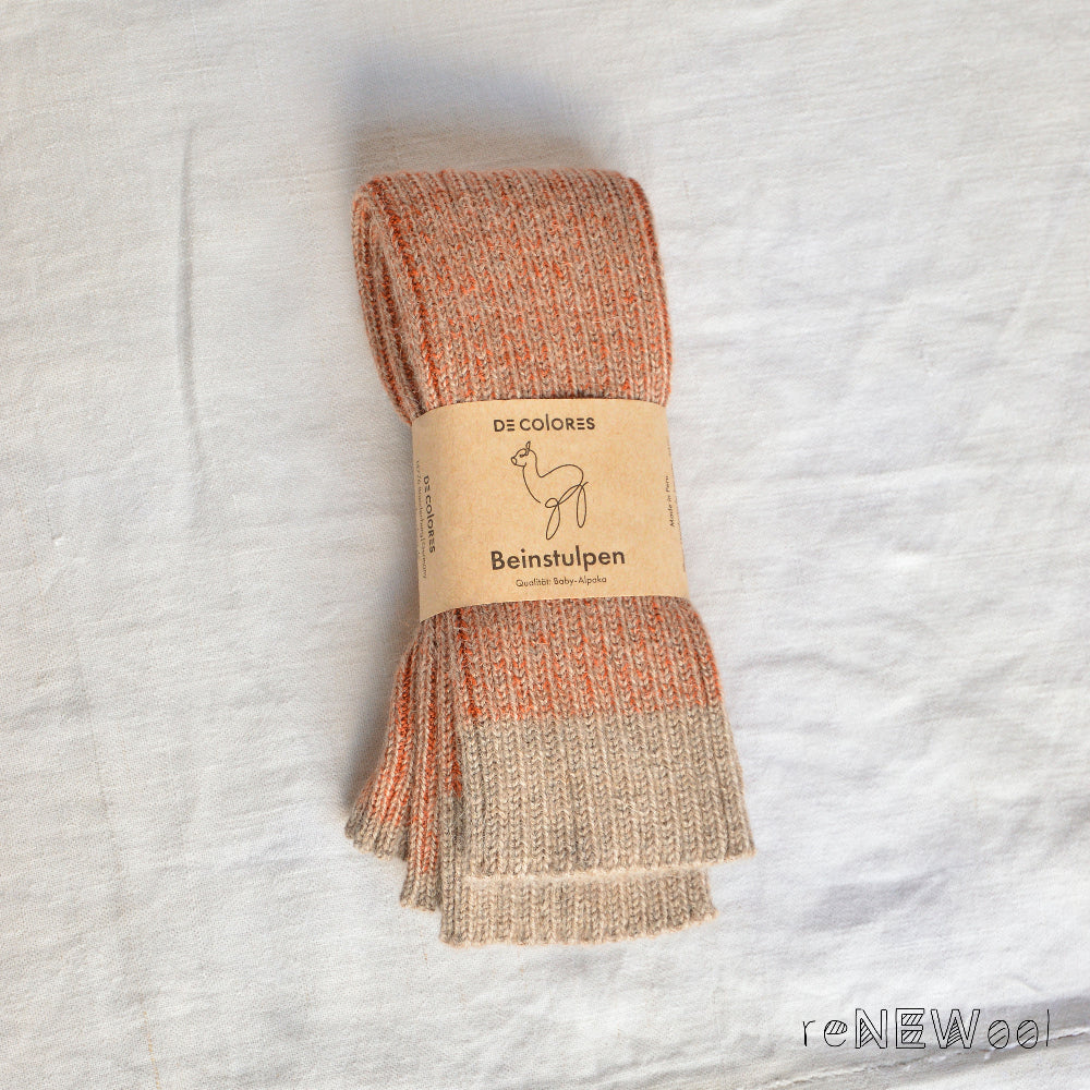 Brioche Rib Knit Legwarmers - 100% Baby Alpaca -Papaya/Beige *SECONDS/MENDED