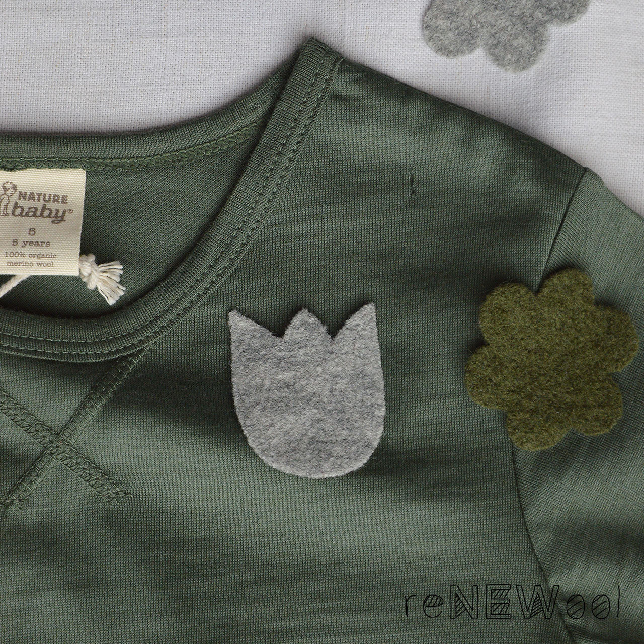 Child’s Long Sleeve Top - 100% Organic Merino - Essentials - Thyme (5-6y)  *SECONDS/YOU MEND IT!