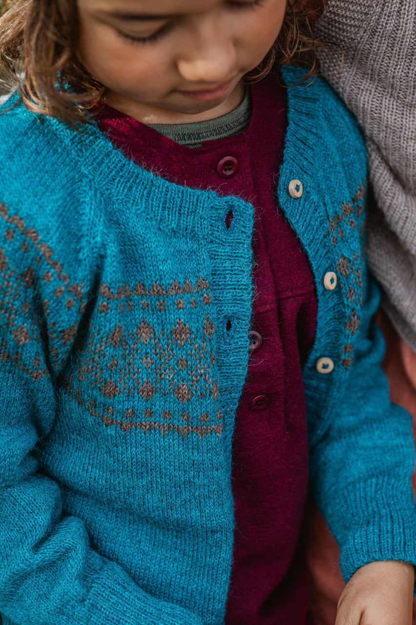 Alpine Cardigan - 100% Baby Alpaca - Turquoise (18m-8y)
