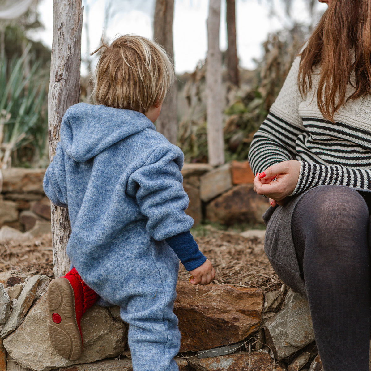 Hooded Overalls - Organic Wool/Cotton Fleece - Blue Melange (6m-3y) *Returning 2026