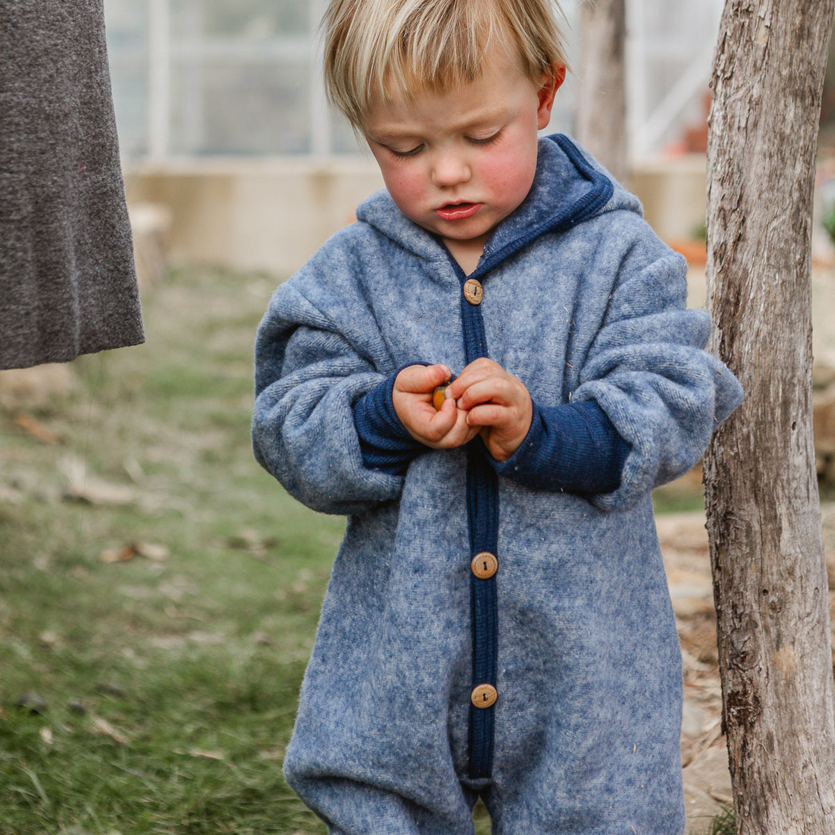 Hooded Overalls - Organic Wool/Cotton Fleece - Blue Melange (6m-3y) *Returning 2026