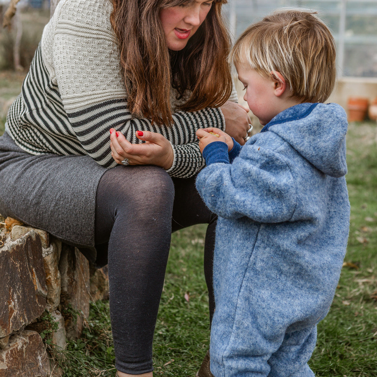 Hooded Overalls - Organic Wool/Cotton Fleece - Blue Melange (6m-3y) *Returning 2026