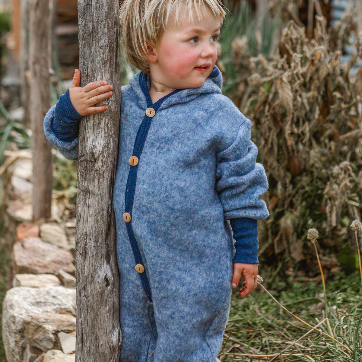 Hooded Overalls - Organic Wool/Cotton Fleece - Blue Melange (6m-3y) *Returning 2026