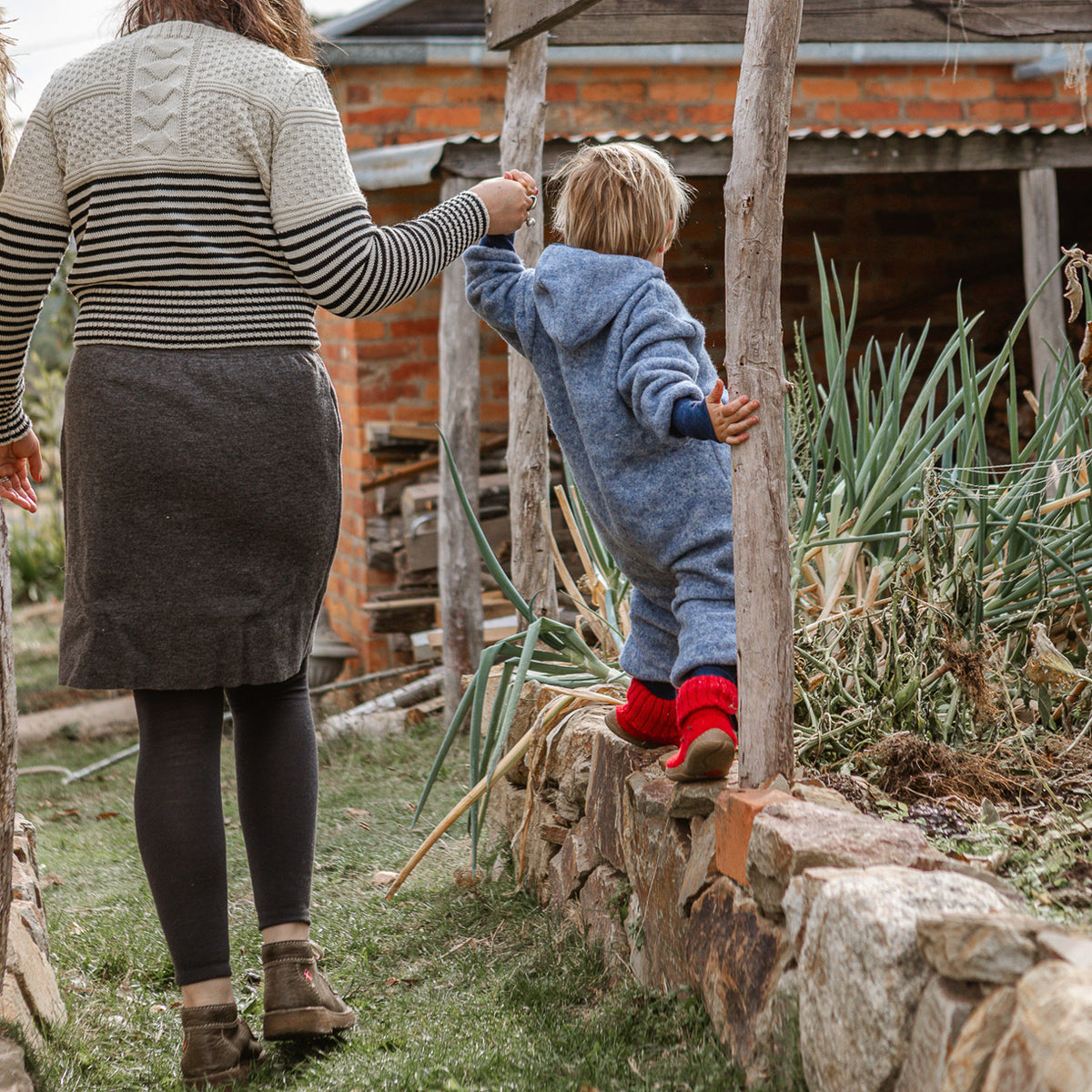 Hooded Overalls - Organic Wool/Cotton Fleece - Blue Melange (6m-3y) *Returning 2026
