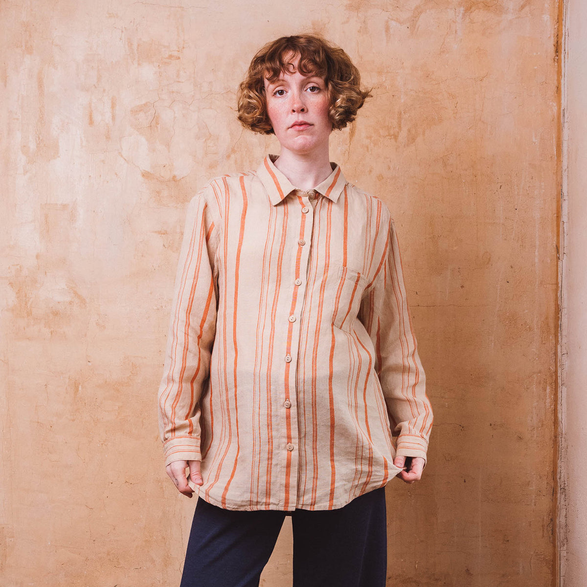 Shirt Blouse - 100% Linen - Rust Stripes