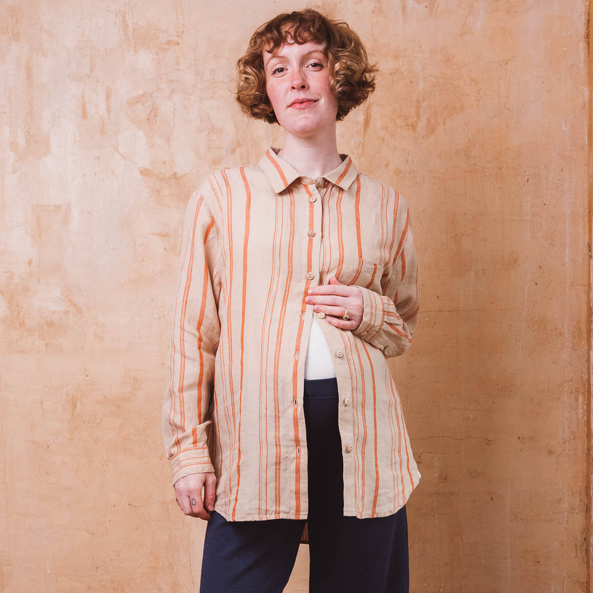 Shirt Blouse - 100% Linen - Rust Stripes