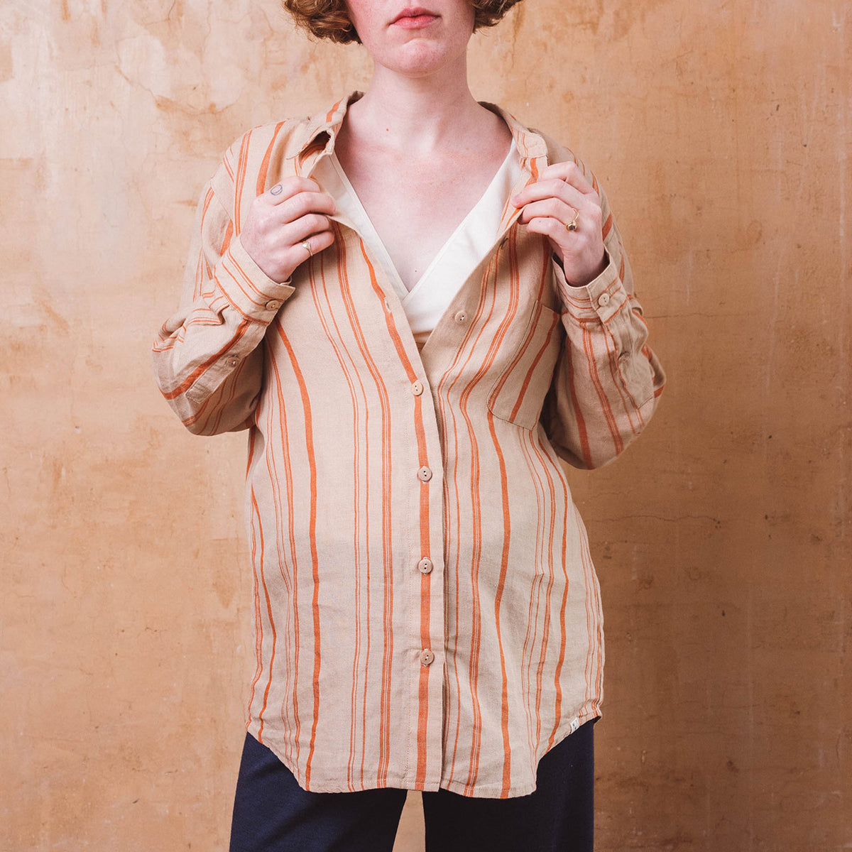 Shirt Blouse - 100% Linen - Rust Stripes