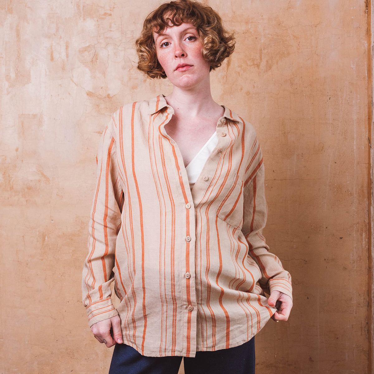 Shirt Blouse - 100% Linen - Rust Stripes